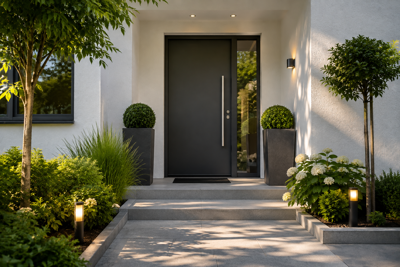 Moderner und gepflegter Hauseingang mit Garten und Beleuchtung – der erste Eindruck beim Immobilienverkauf in Karlsruhe, Baden-Baden und Umgebung.