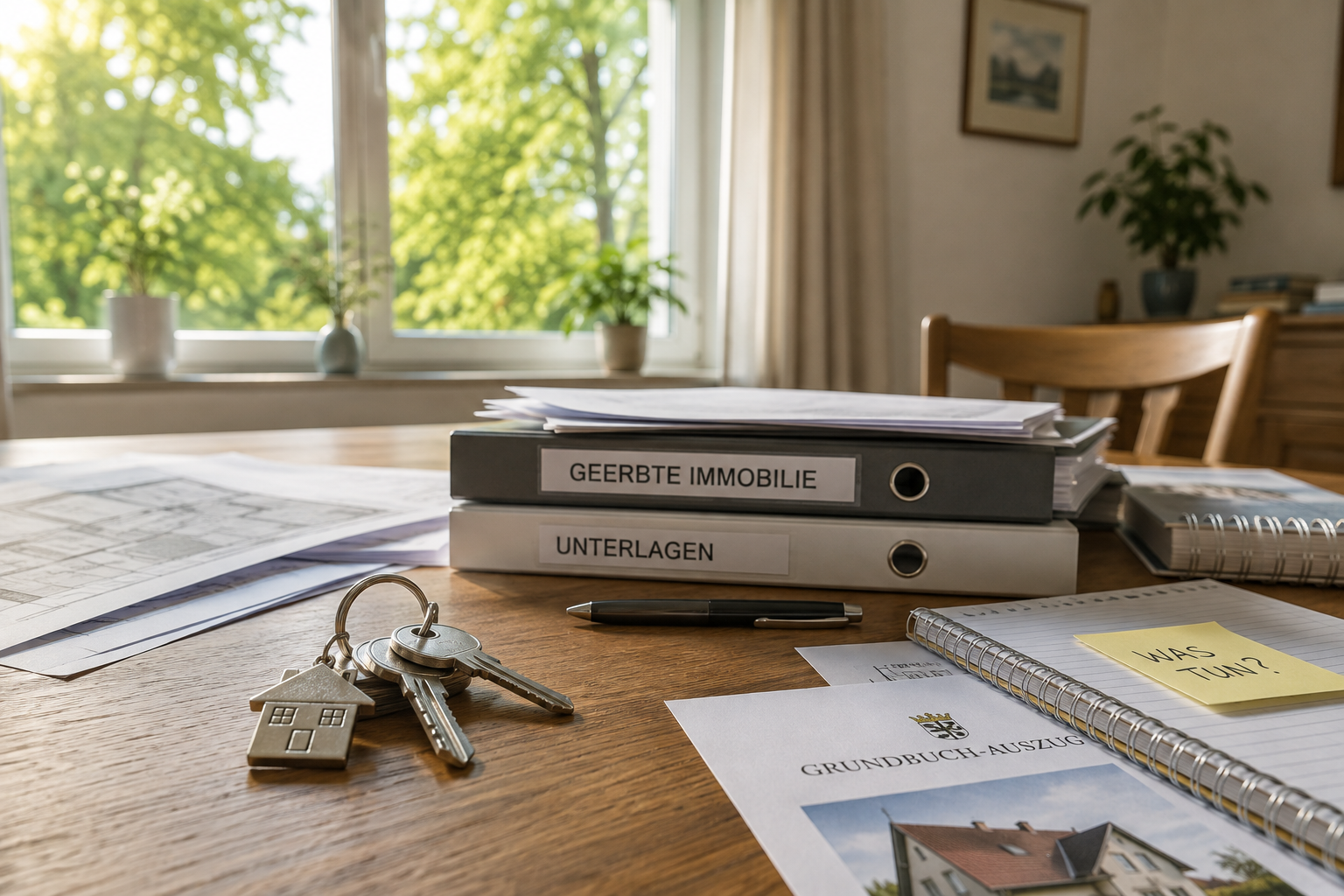 Geerbte Immobilie verkaufen: Schlüssel und Unterlagen für Haus, Wohnung oder Grundstück auf einem Tisch.