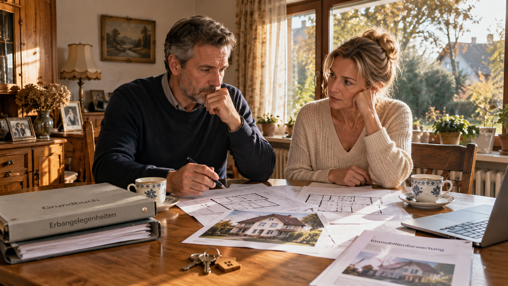 Zwei Geschwister sitzen nachdenklich am Tisch mit Grundbuchakte, Bauplänen und Immobilienbewertung eines geerbten Hauses.