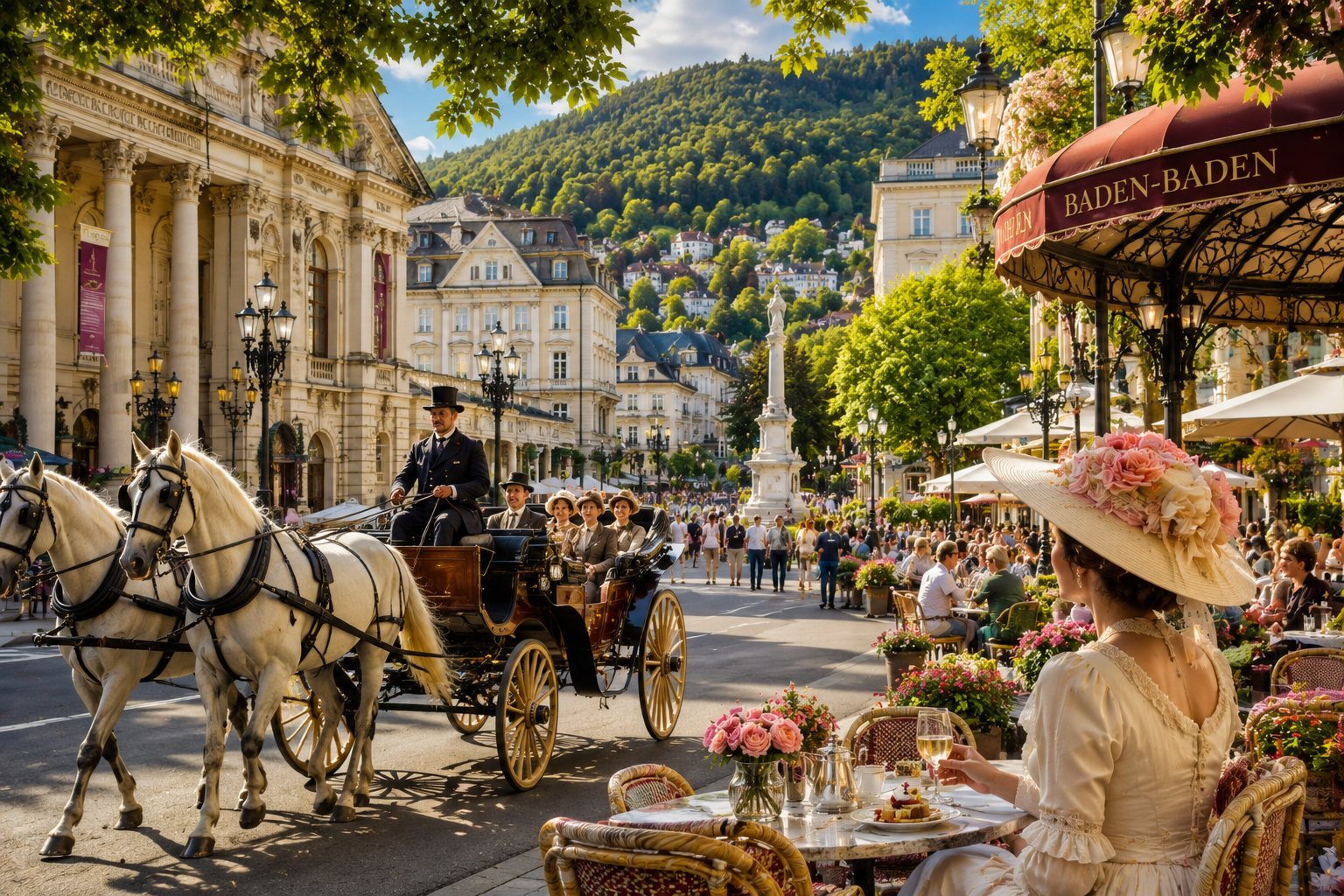 Pferdekutsche vor dem Kurhaus in Baden-Baden, elegante Straßencafés und historische Architektur in der berühmten Kurstadt am Schwarzwald.